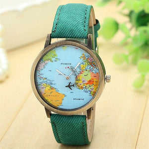 New Fashion Design Global Travel By Plane Map Women Dress Watch hours clock Denim Fabric Band Wristwatches 80709 - thisusefultips