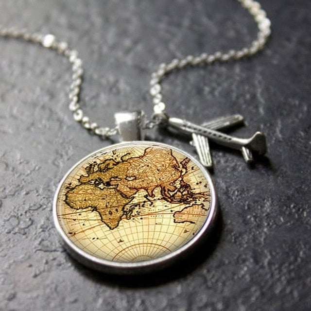 XUSHUI XJ Vintage World Map Necklace Travel Explore Discover Glass Dome Cabachon Plane Charm Pendant Necklace Men Women Gifts - thisusefultips